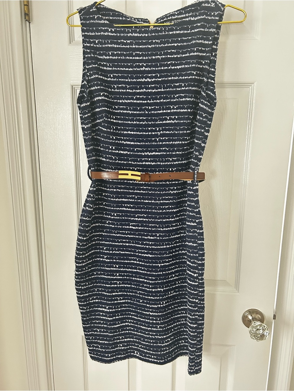 Halston Classic Navy Sheath Dress with Brown Belt